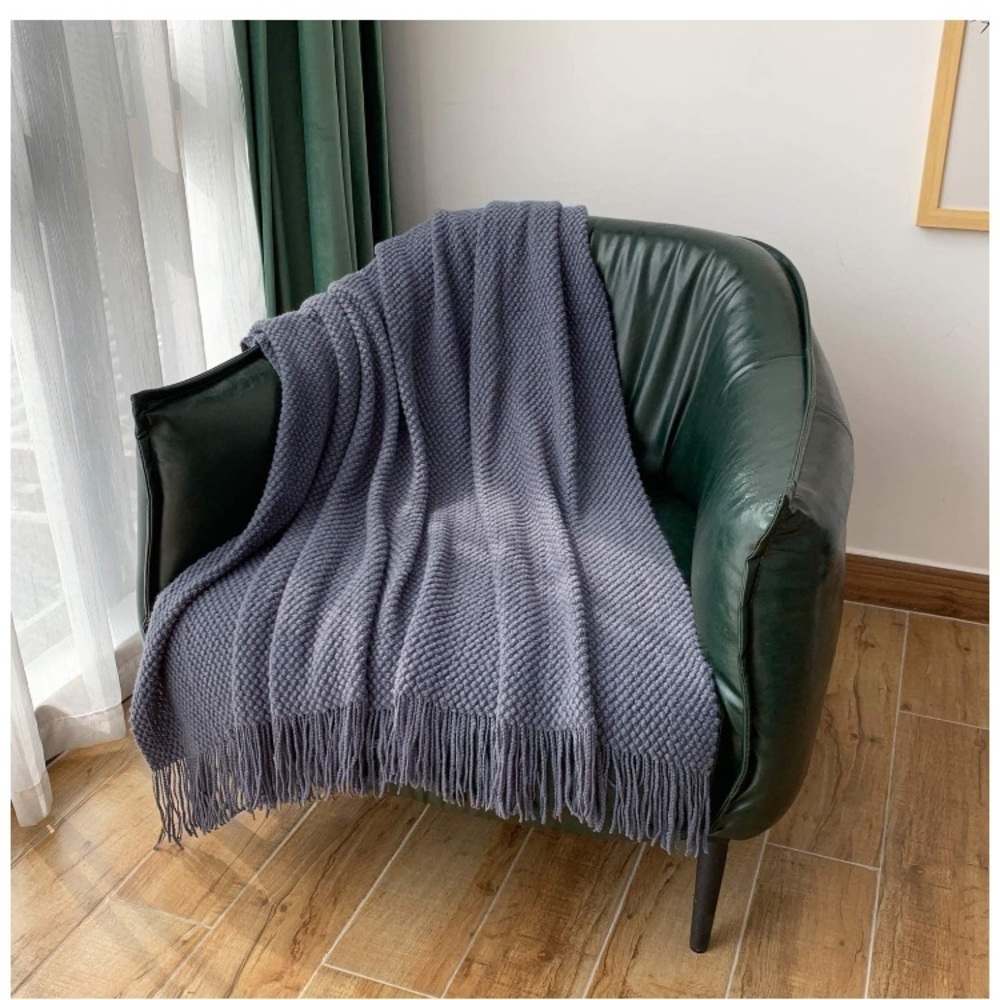 Grey Chic Minimalist Farmhouse Boho Throw Fringe Blanket for Patio/Living Room - Picture 6 of 16